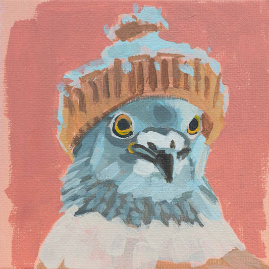 Colorful painting of a bird wearing a cozy, knitted hat against a pink background.