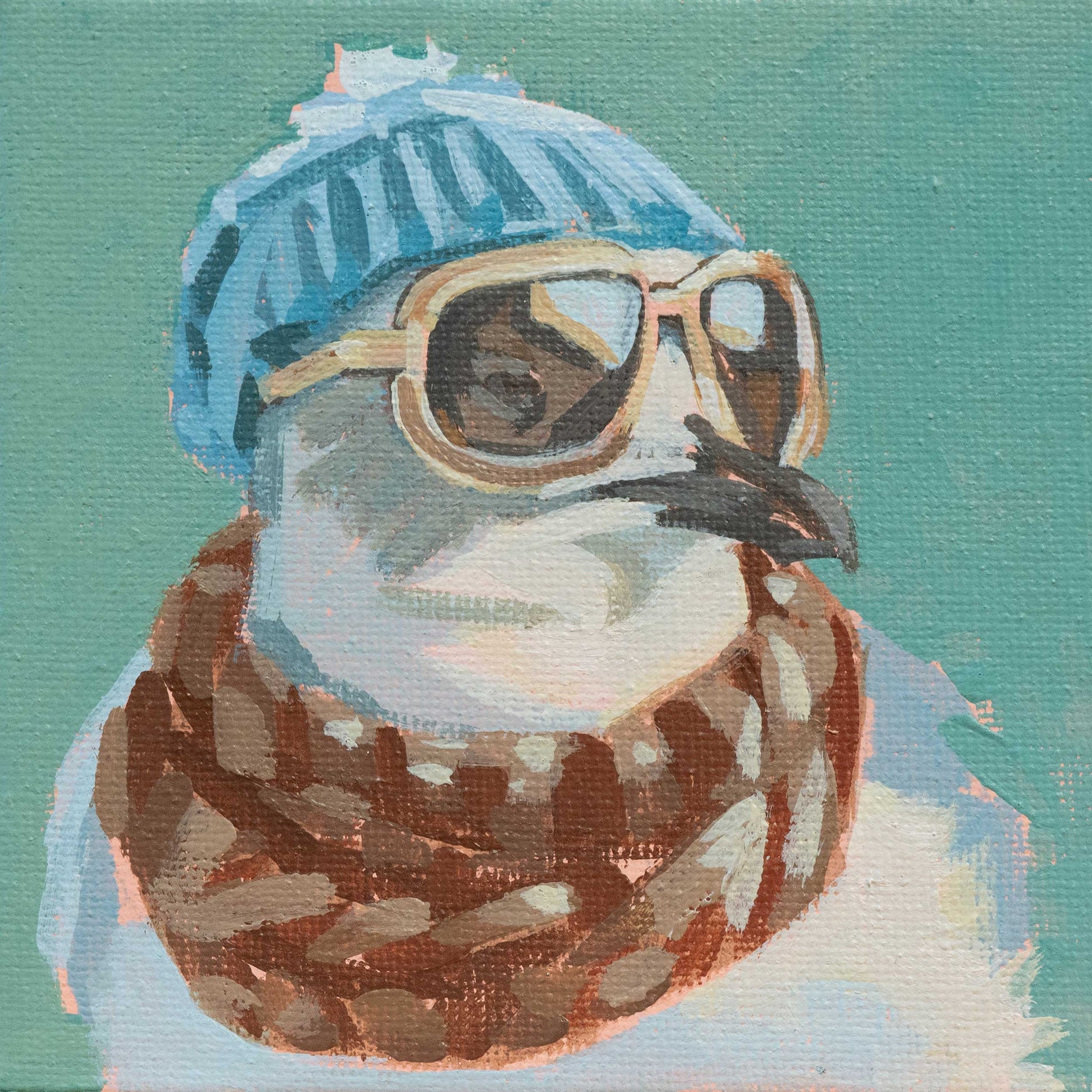 Stylish bird wearing sunglasses, a knitted hat, and a scarf against a turquoise background.