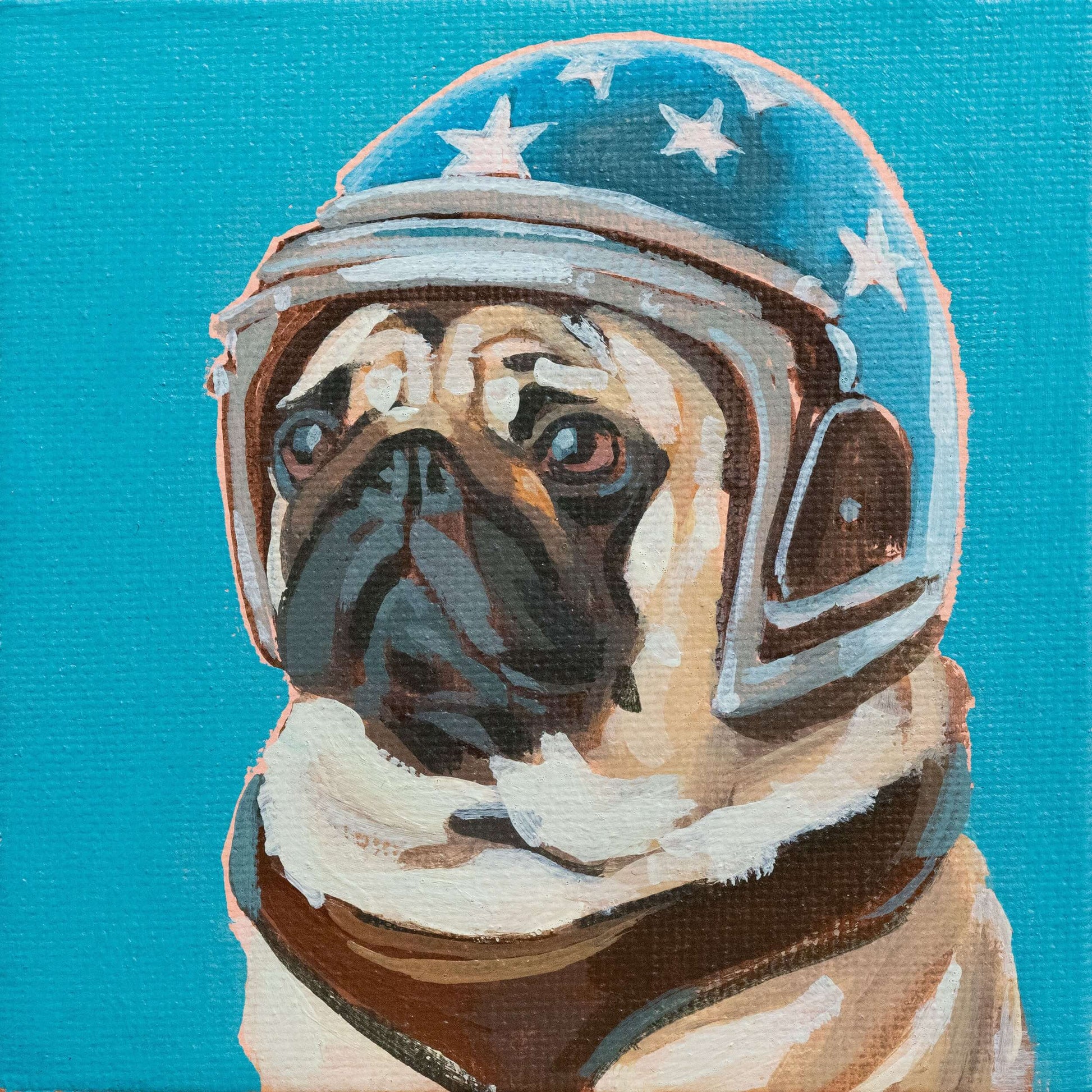 Artistic pug wearing a blue star helmet against a bright turquoise background. Playful and whimsical decor piece.