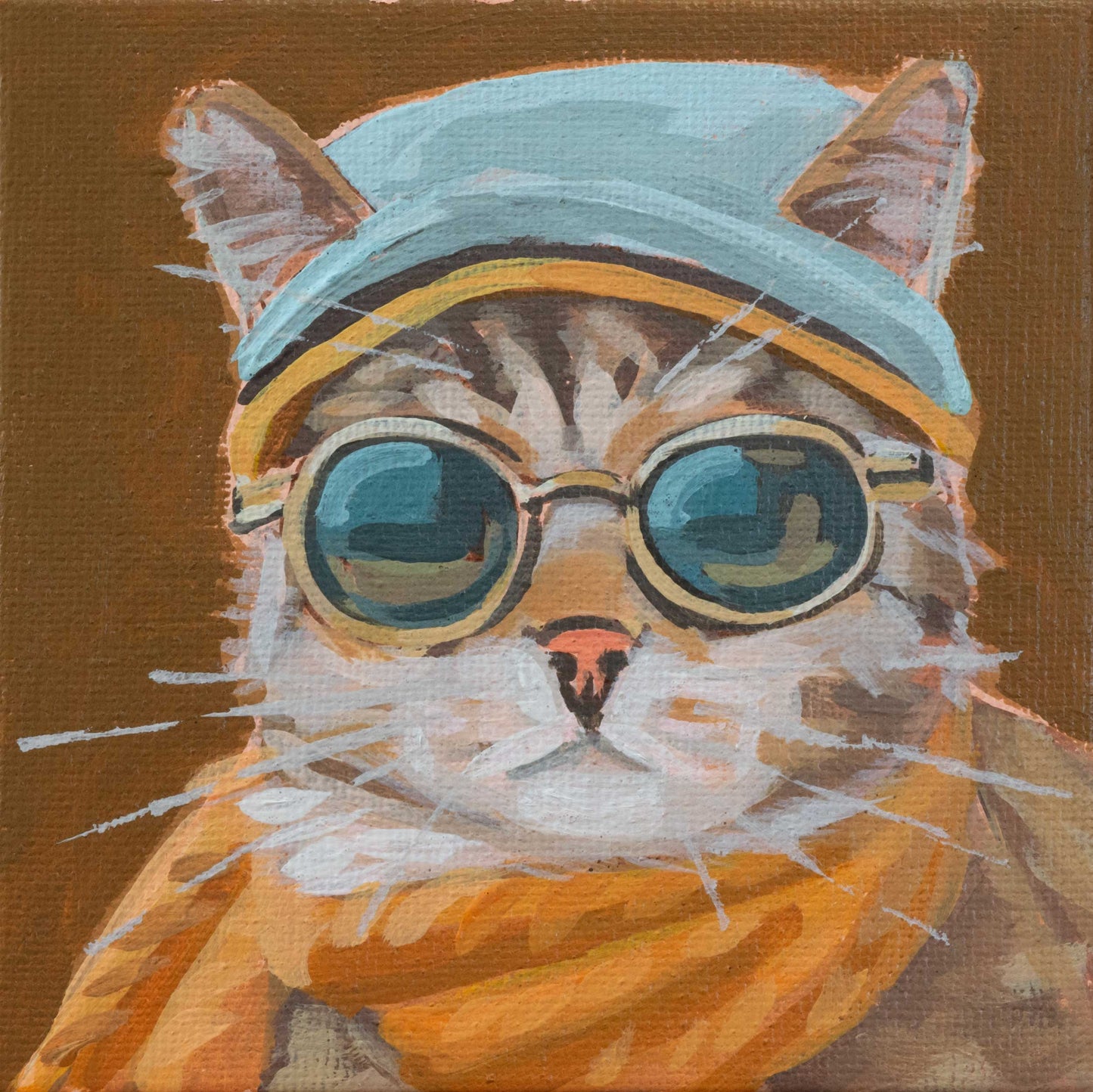 Stylized cat wearing sunglasses and a cap, set against a warm brown background, exuding cool vibes.