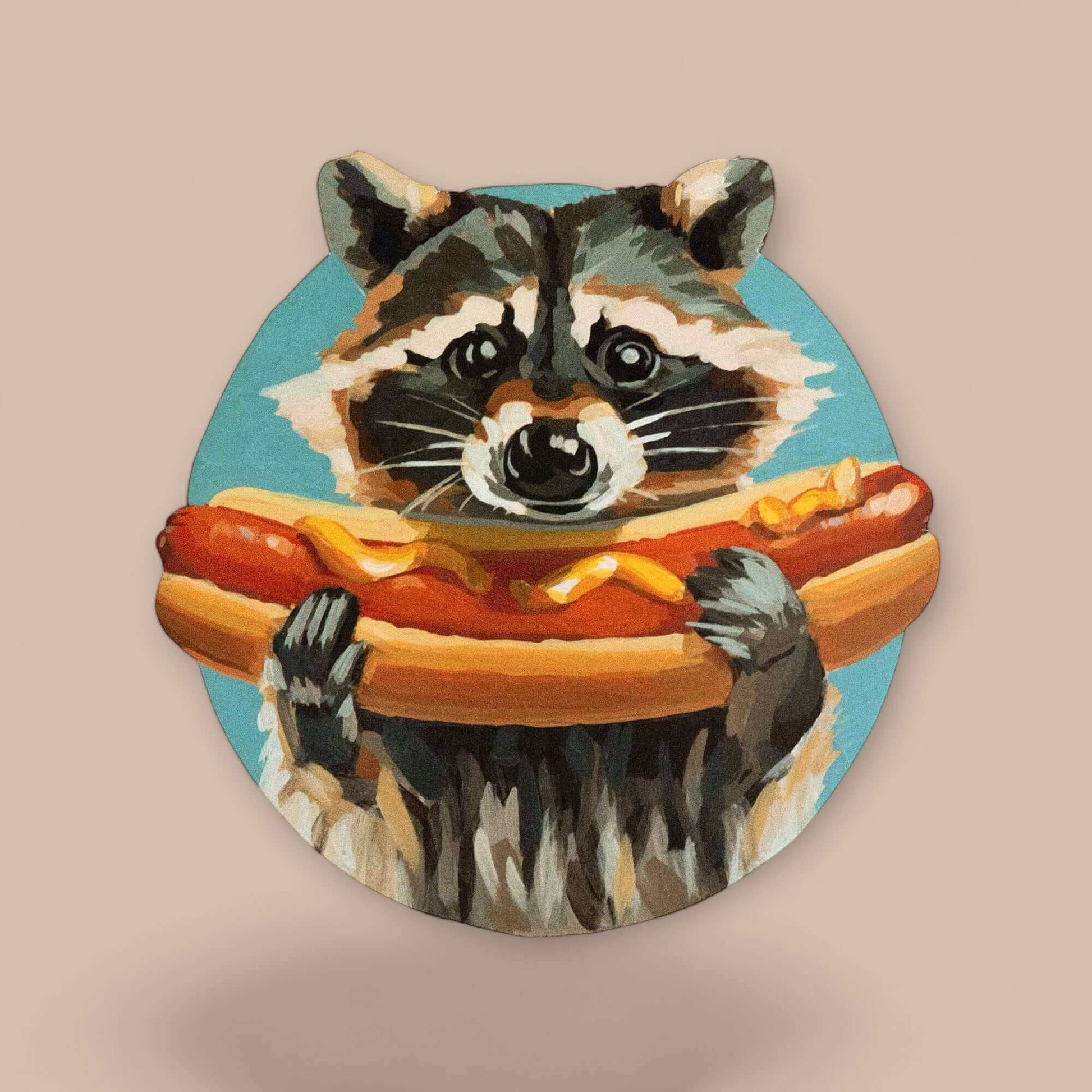 Lustiger Waschbär mit Hotdog, Sign Art Print, humorvolles Wandbild, 20x20 cm, detailreiche Kunst für dein Zuhause.