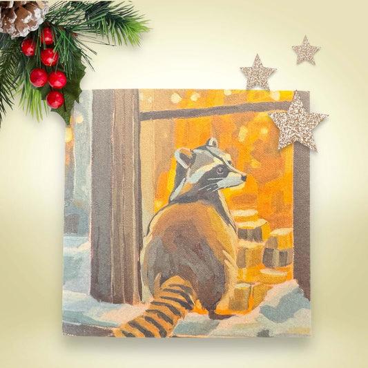 Weihnachtskarte mit Waschbär-Motiv und glitzernden Sternen, perfekt für frohe Festgrüße. Nachhaltig auf Recyclingpapier gedruckt.