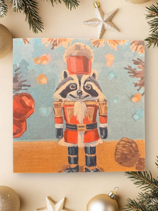 Wunderschönes Art Card Weihnachten mit einem Harlekin Waschbär in festlicher Buntheit, ideal für Weihnachtsdekoration.