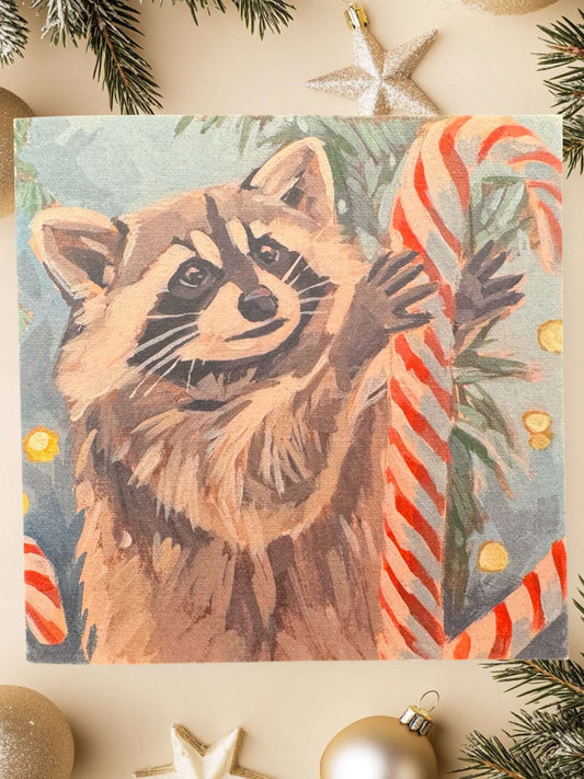 niedliches Waschbär-Mini-Poster mit Zuckerstangen für Weihnachtsdekoration im Bundle-Art Card Weihnachten.