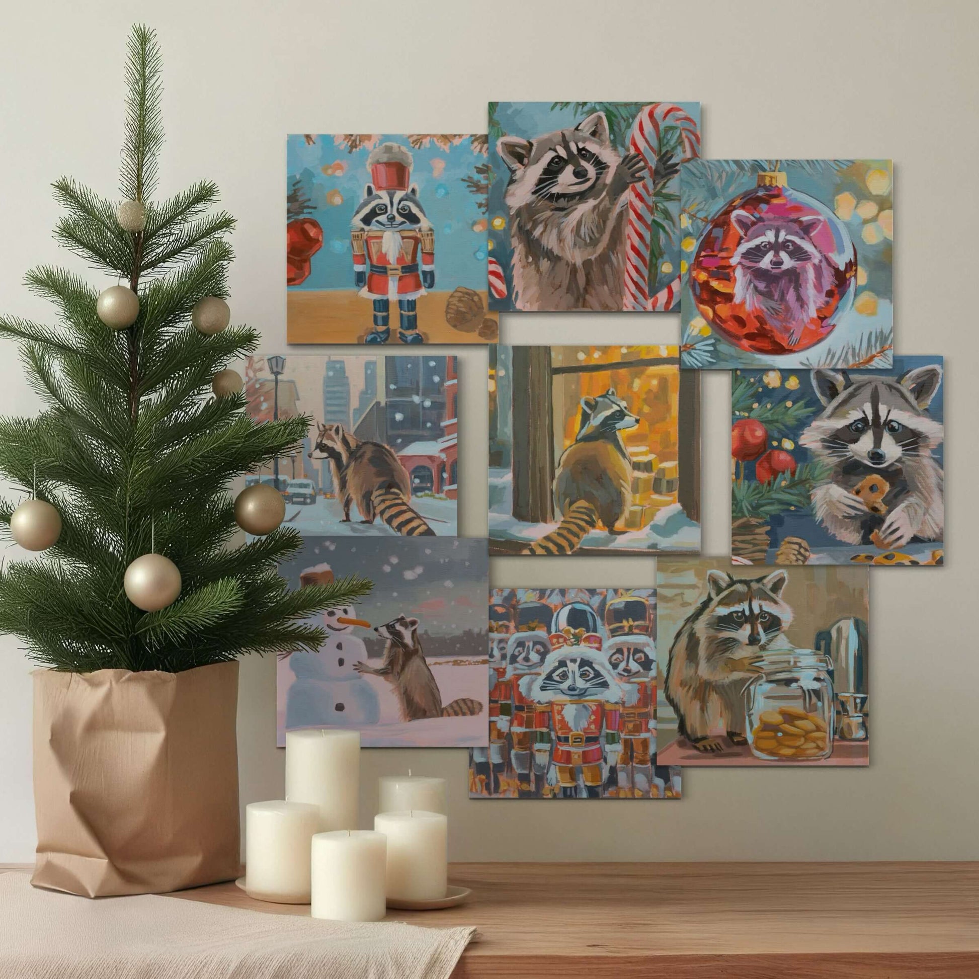 Bundle Art Cards Weihnachten mit süßen Waschbären-Motiven, perfekt für Weihnachtsdekoration und kreative Geschenke.