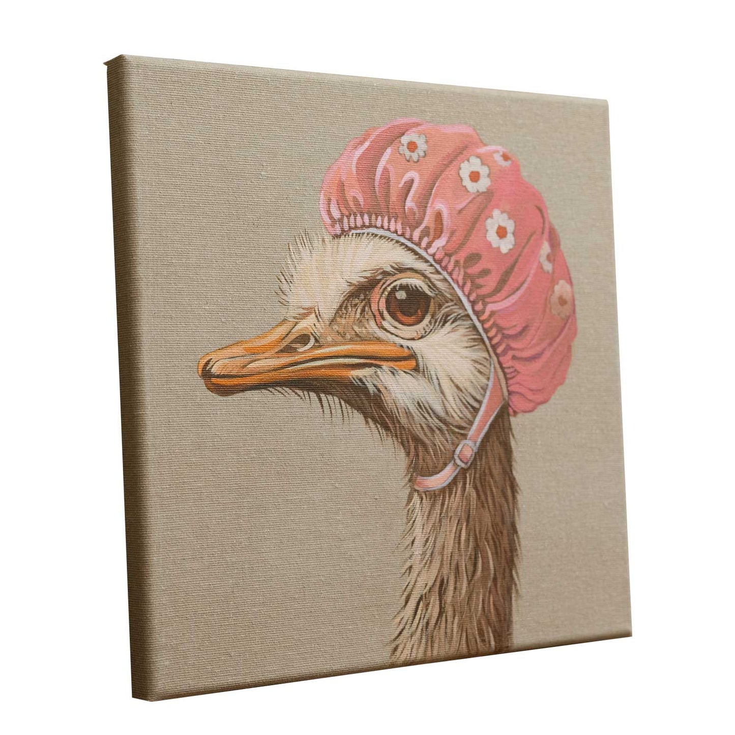 Original hand-painted artwork of a charming ostrich in a pink bathing cap on canvas, perfect for home decor.