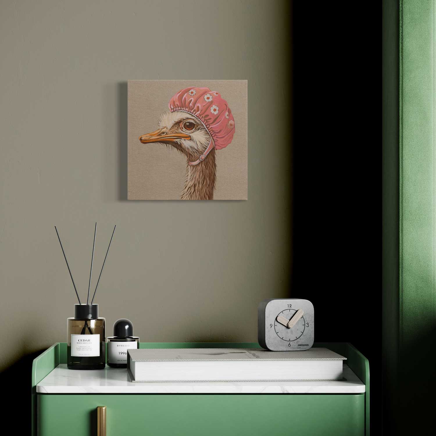 Original hand-painted acrylic artwork of Fräulein Nandu in a pink bathing cap, 30x30 cm, adding charm to any room.