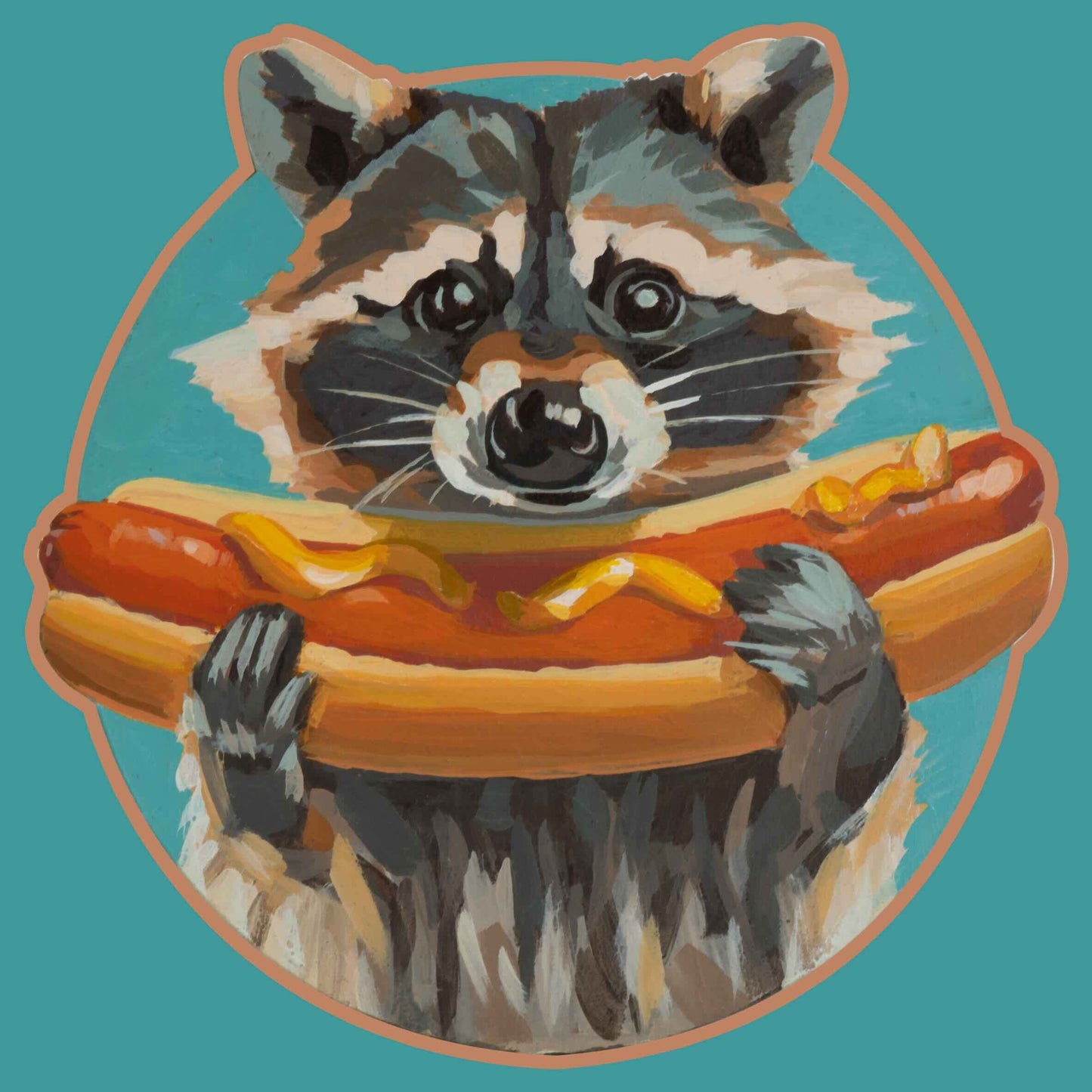 Niedlicher Waschbär hält ein heißes Hot Dog, buntes Kunstwerk auf türkisfarbenem Hintergrund.