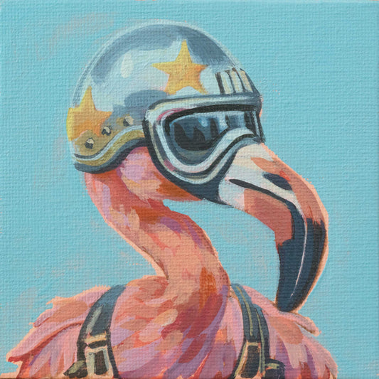 Rocket Flamingo, handgemalt, Einzelstück, 15x15cm