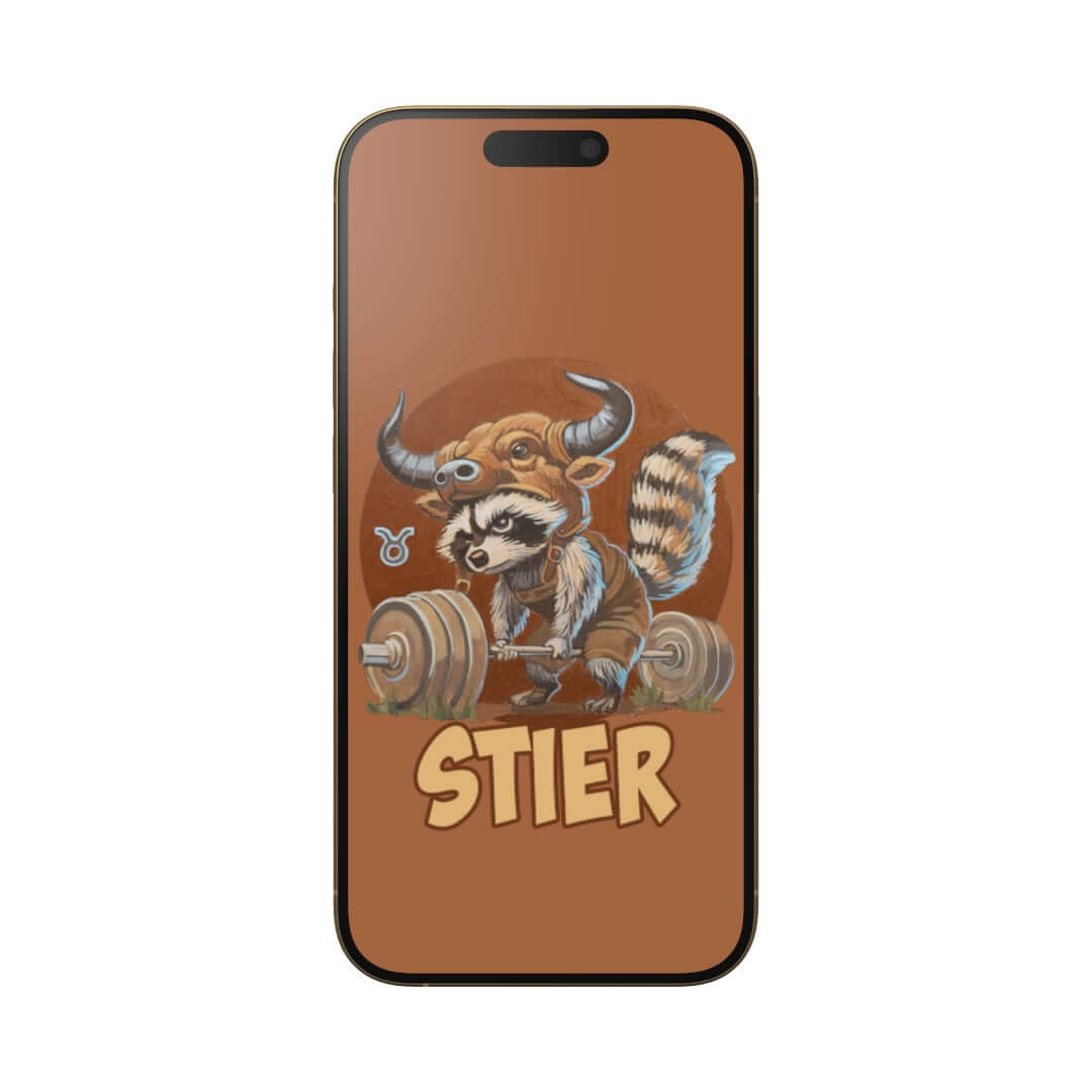 Süßes Wallpaper für Stier-Sternzeichen mit Waschbär und Stier, ideal für Smartphones im Hochformat.