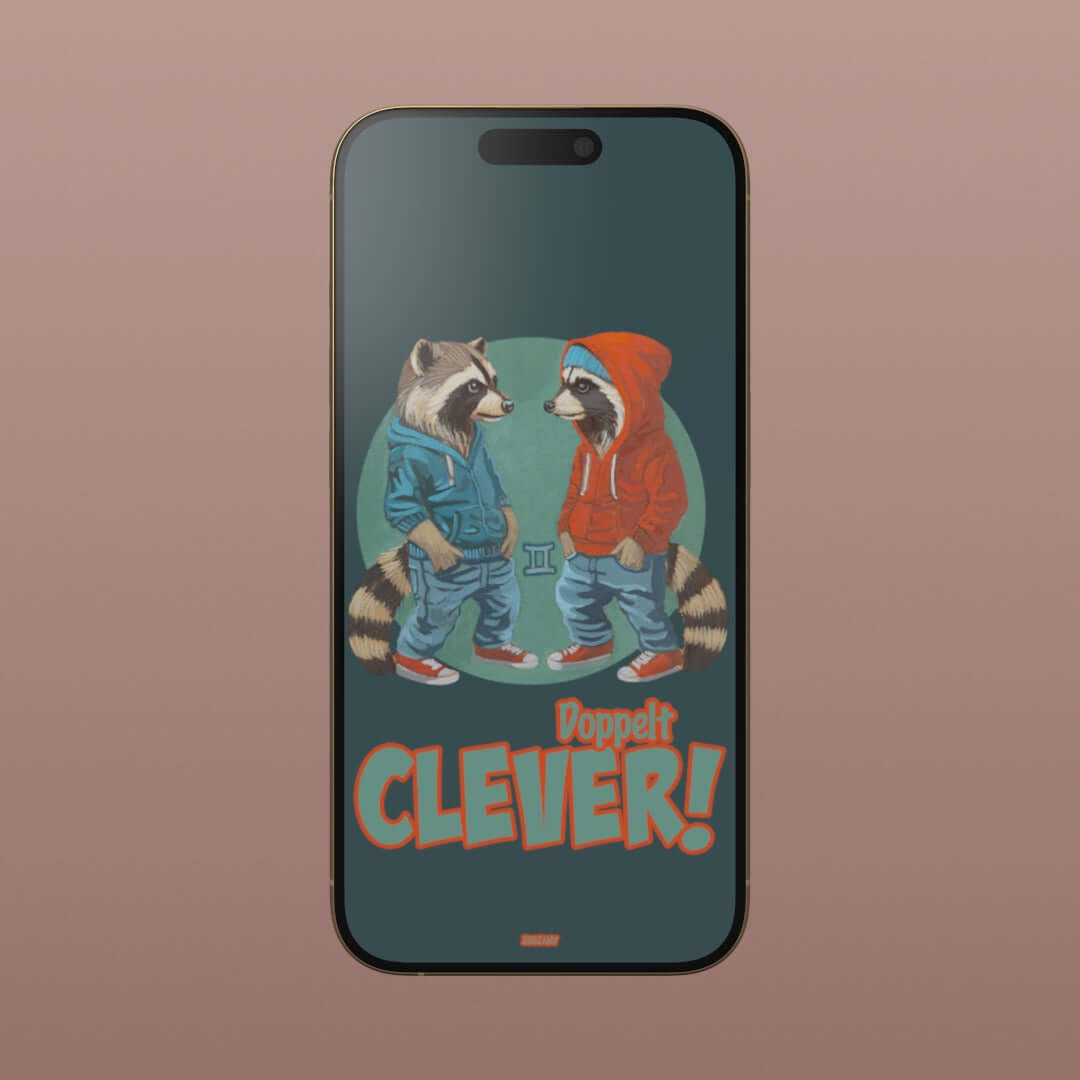 Handy-Wallpaper mit zwei süßen Waschbären im Hip-Hop-Stil und dem Text „Doppelt CLEVER!“ für Smartphones.